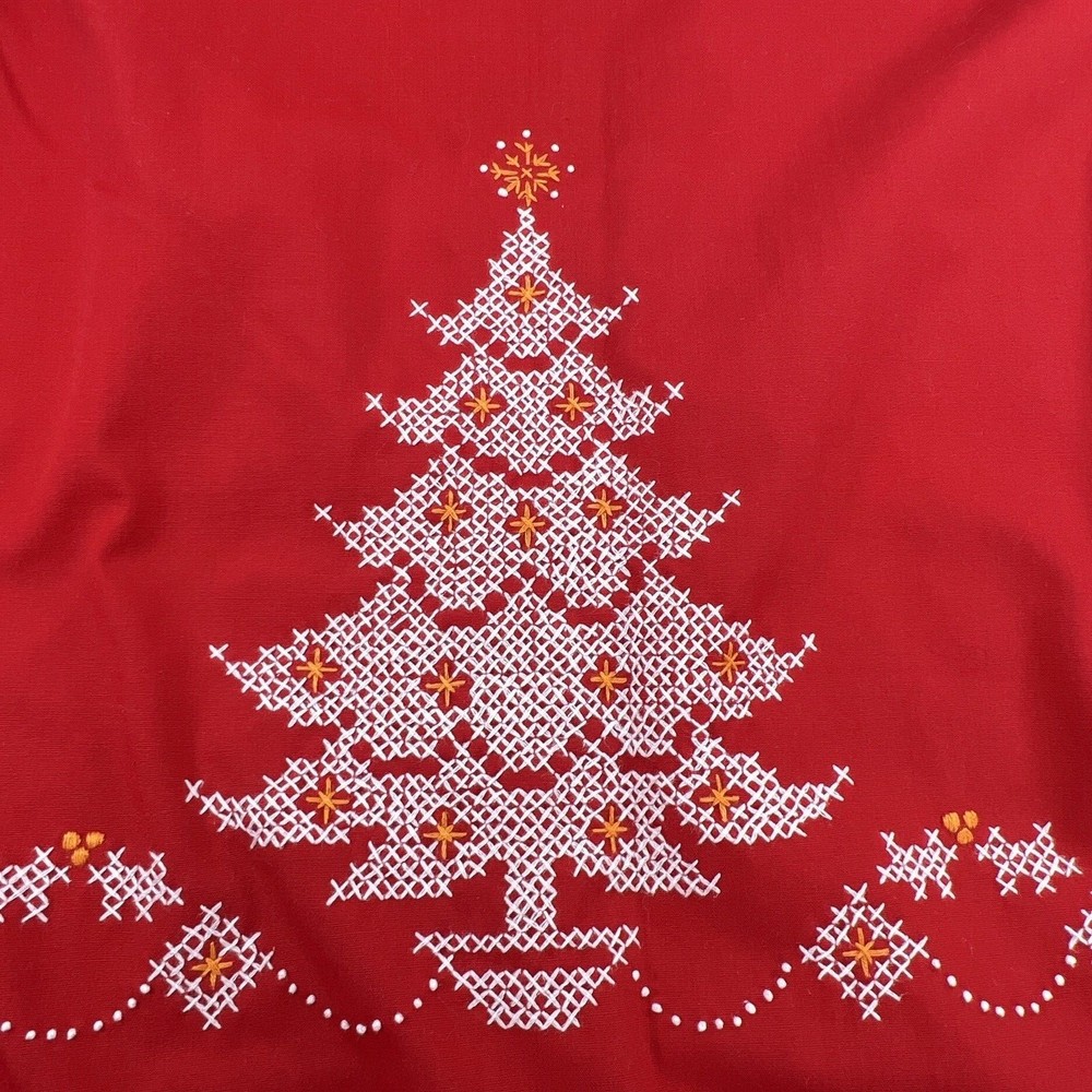 Large Red Oval Christmas Tree Tablecloth Cotton Hand Cross Stitched